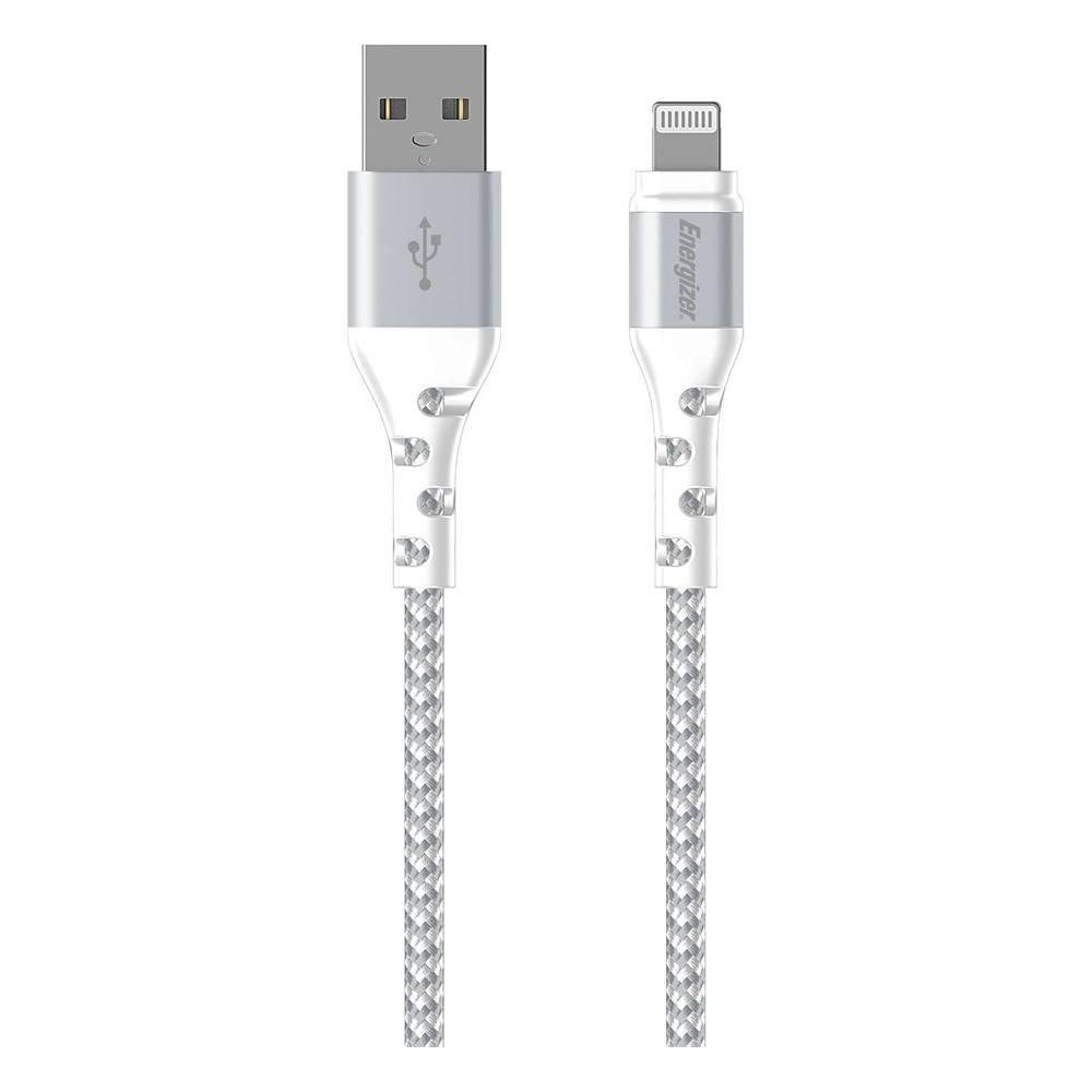 Energizer USB-A to Lightning Cable Reinforced Braided & Metal Mfi ,2M -  White/Grey