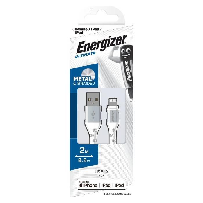 Energizer USB-A to Lightning Cable Reinforced Braided & Metal Mfi ,2M -  White/Grey