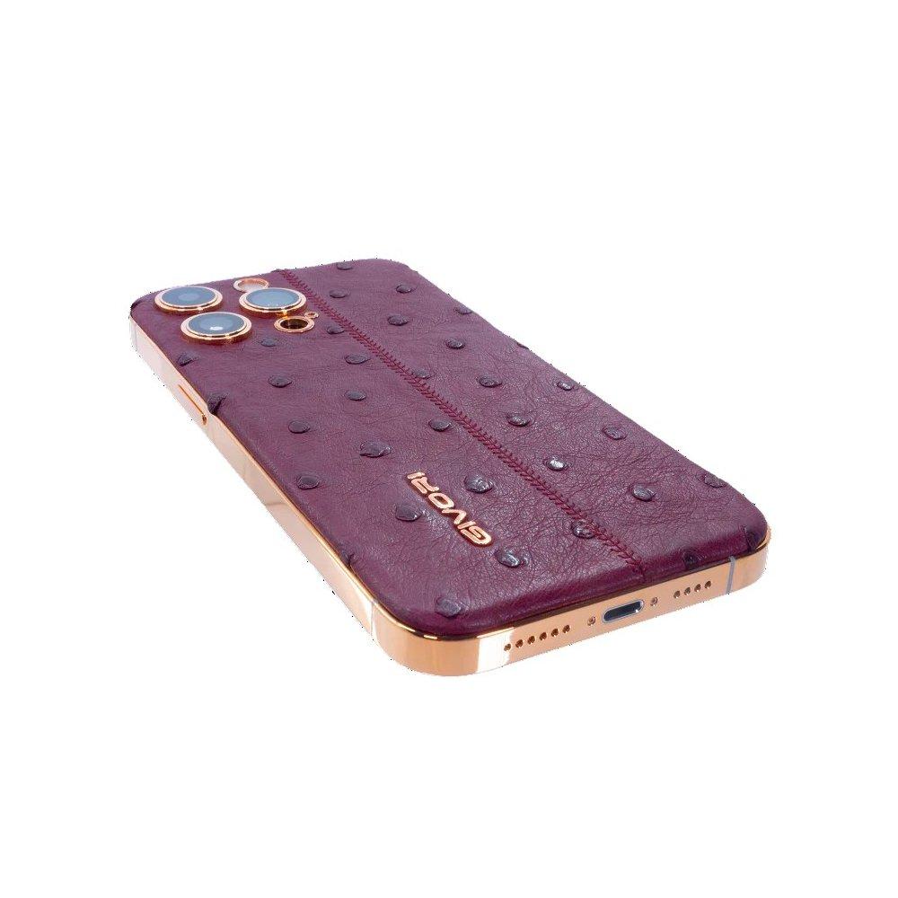 Givori iPhone 14 Pro Max Phone, 6GB RAM, 256GB, 6.7 inch, 18K Rose Gold Plated Frame - Ostrich Berry, Silver