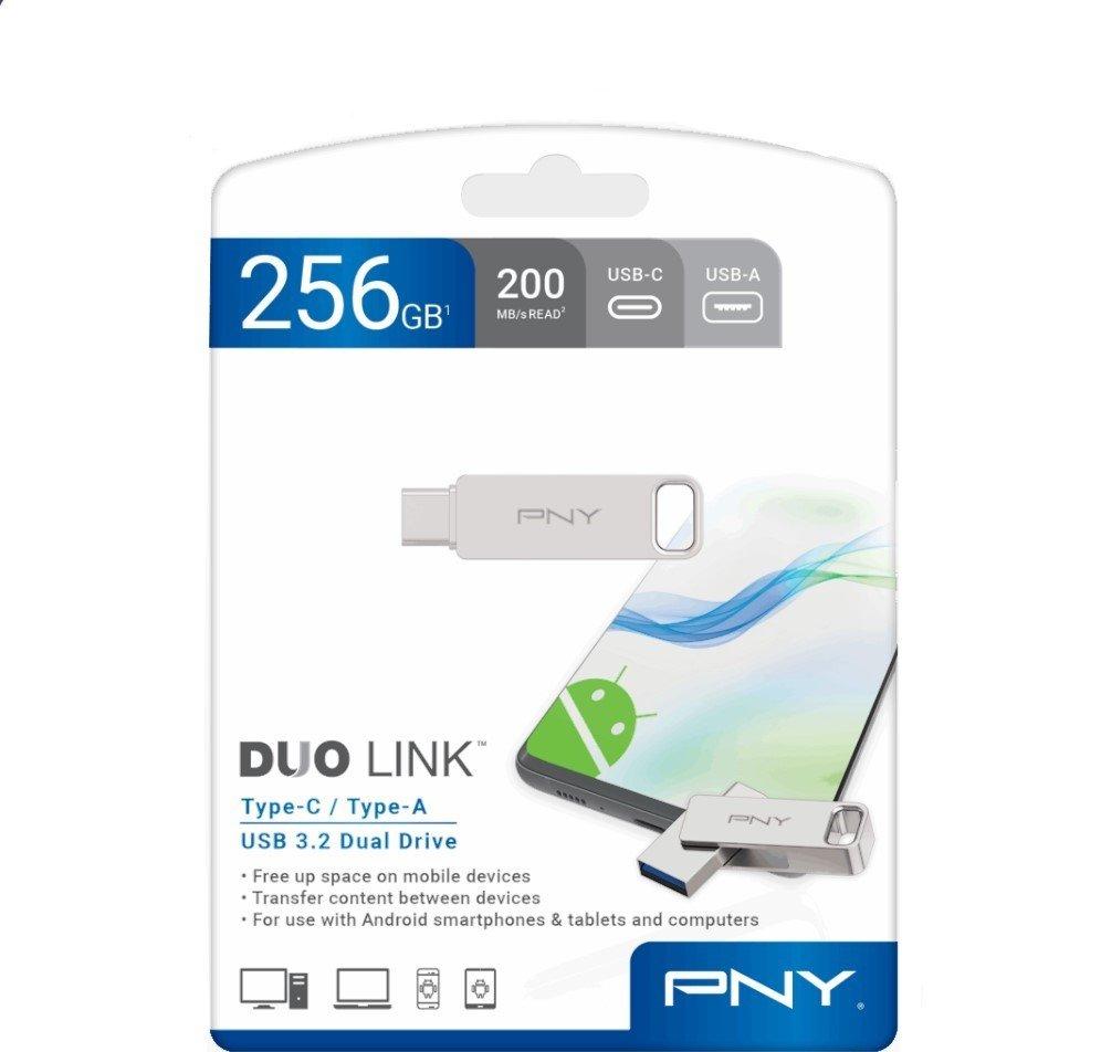 PNY DUO LINK Type-C USB 3.2 Dual Flash Drive, 256GB, P-FDI256GDULINKTYC - Silver