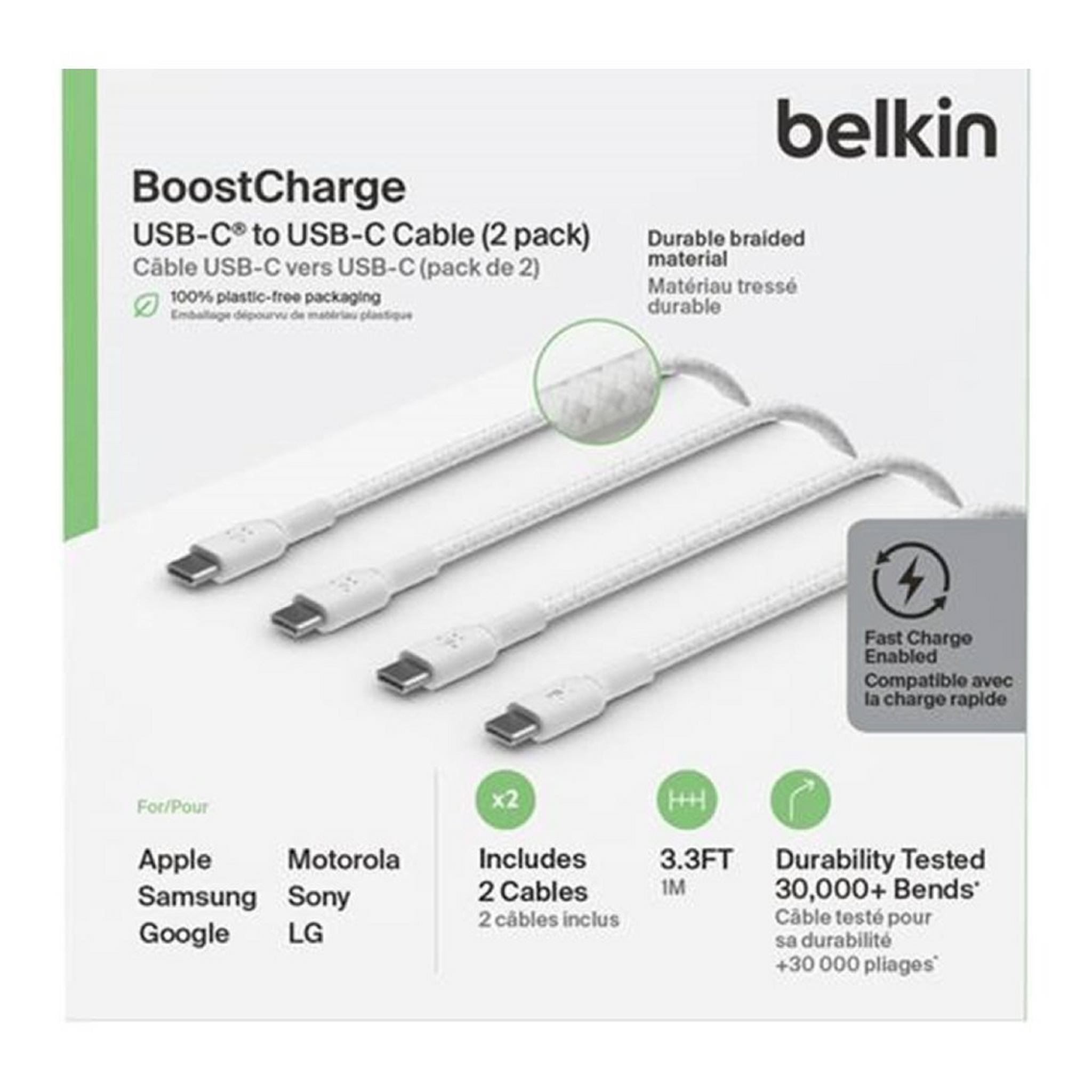 Belkin BoostCharge Braided USB-C to USB-C Cable, 2m, Twin Pack, CAB004 - White