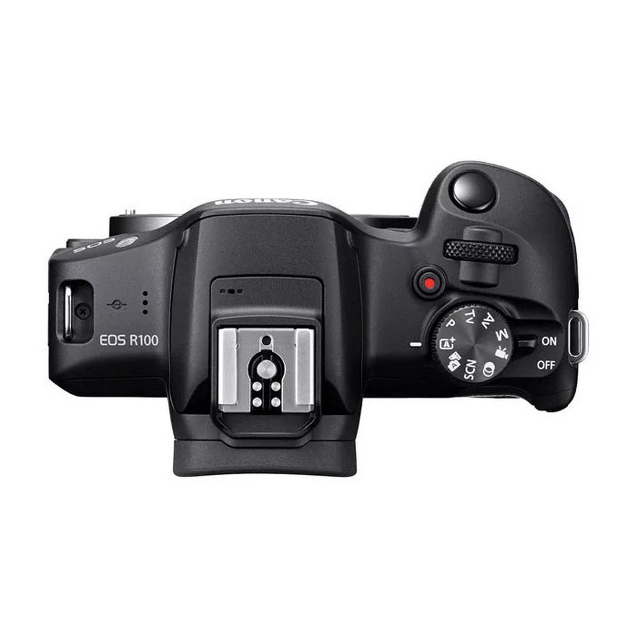 كاميرا إي أوه أس أر100 بدون مرآة مع طقم عدسات 18-45 ملم و55-210 ملم من كانون، 6052C023AA - أسود