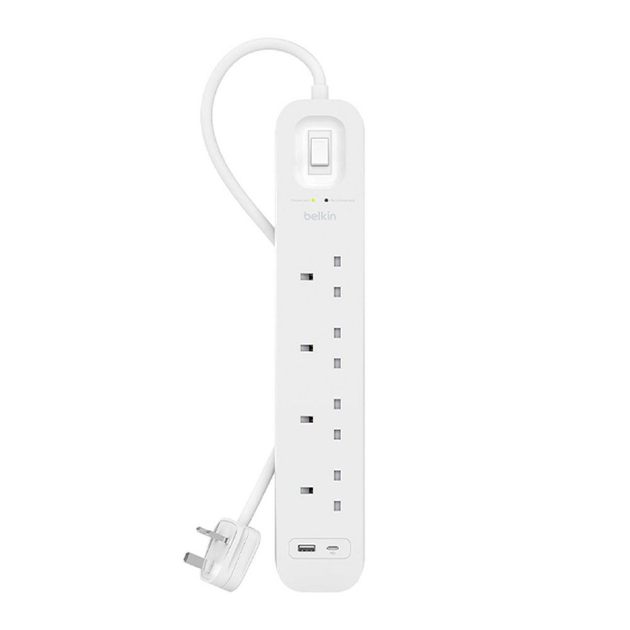Belkin Surge Protector Power Extension with 4 Outlets & USB-C + USB-A, 2m, SRB001ar2M - White