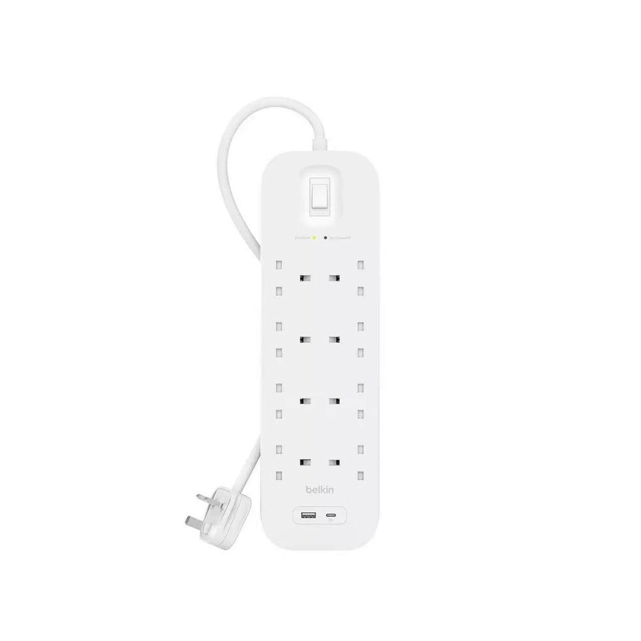 Belkin Surge Protector Power Extension with 8 Outlets & USB Charging, 2m, SRB003AR2M - White