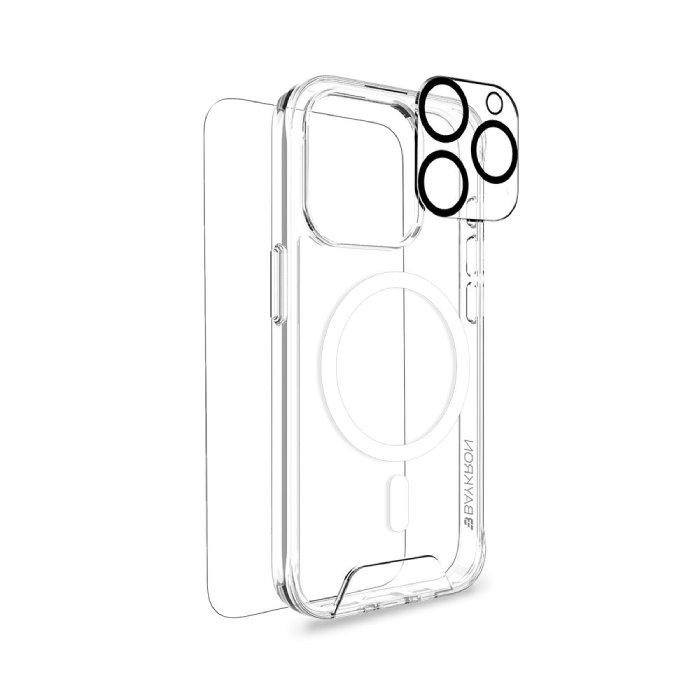 Baykron 3 in 1 Package Case + Screen + Camera lens Magsafe for 6.7-inch iPhone 15 ProMax, BKR-PR-IP15PMAX– Clear 