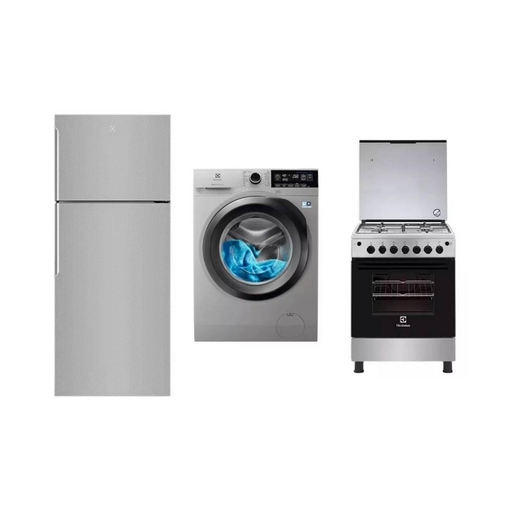 ELECTROLUX Refrigerator Top Freezer, 16 CFT, Stainless steel + Cooker Gas, 68 Liters, Silver + 9 KG Front Load Washer, Silver Bundle, EMT85+EW7F+EKG611