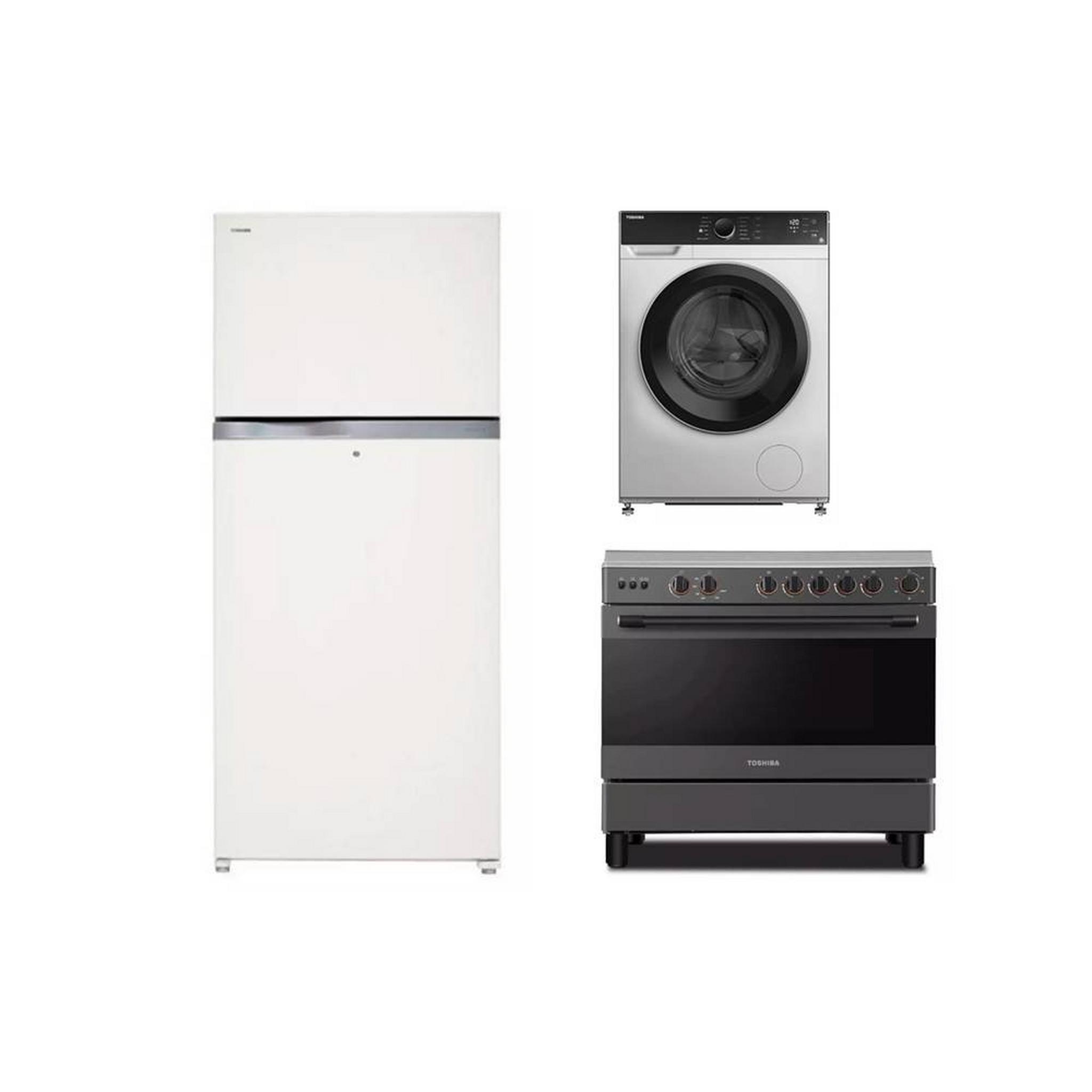 TOSHIBA Ref Top Freezer, 25 CFT, White + Cooker Gas 115 Liters, Grey + 12/8 KG Front Load Washer Dryer Bundle, A820UW+BJ130M+36LM