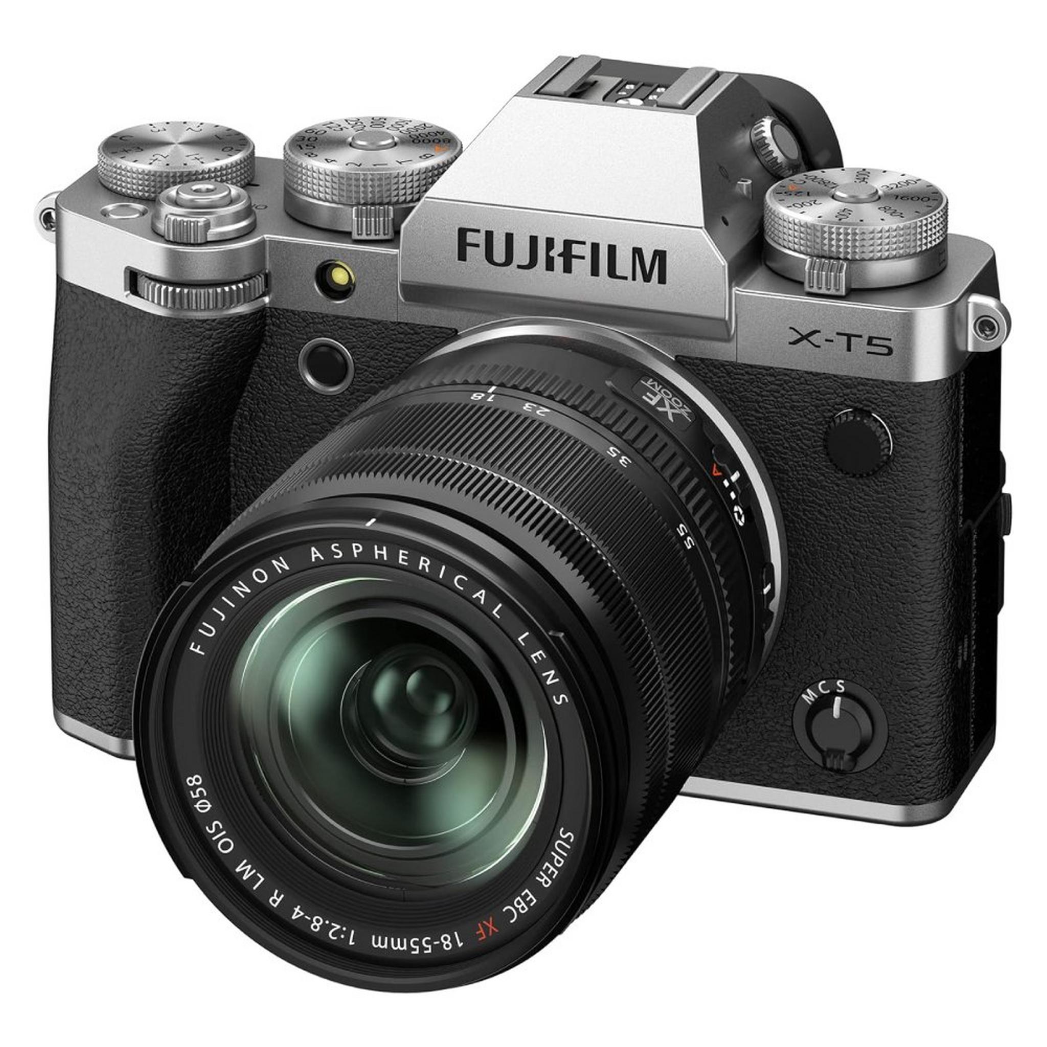 كاميرا ديجيتال بدون مرآة من فوجيفيلم + عدسة اكس اف 18-55 ملم، X-T5 – فضي