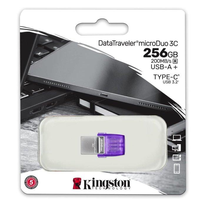 KINGSTON Data Traveler microDuo 3C USB Flash Drive, 256GB, 200MB/s, USB-A | USB-C, DTDUO3CG3/256GB – Purple