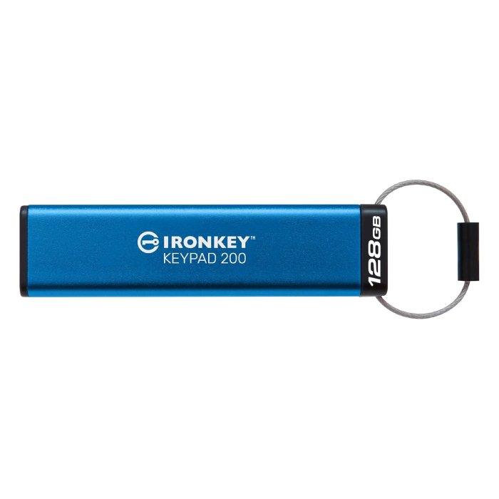 KINGSTON IronKey Keypad 200 Type-A hardware-encrypted USB Flash Drive, 128GB, FIPS 140-3 Level 3, IKKP200/128GB – Blue