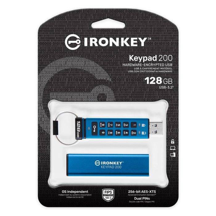 KINGSTON IronKey Keypad 200 Type-A hardware-encrypted USB Flash Drive, 128GB, FIPS 140-3 Level 3, IKKP200/128GB – Blue