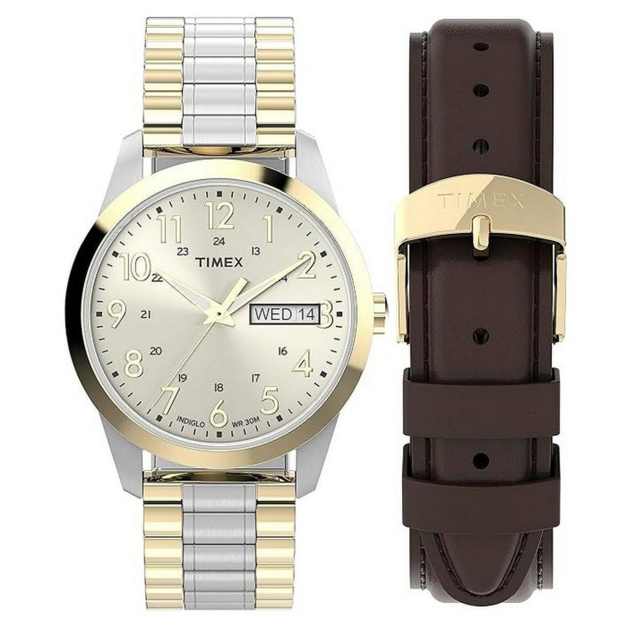 Timex South Street Sport Watch Gift Set for Men, Analog, 36mm, Stainless Steel Strap + Extra Leather Strap, TWG0636006V – Silver&Gold
