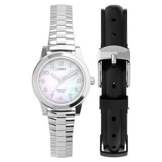 Buy Timex watch gift set for women, analog, 25mm, stainless steel strap + extra leather str... in Kuwait