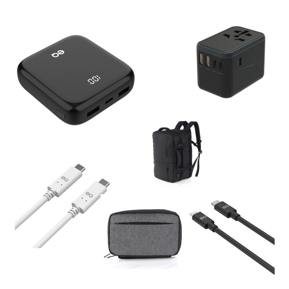 كابل نوع سي إلى لايتننج + كابل سي إلى سي+ باور بانك صغير + محول طاقة للسفر + حقيبة منظمة للسفر + حقيبة ظهر من اي كيو -  EQ-TRVL 01 6N1