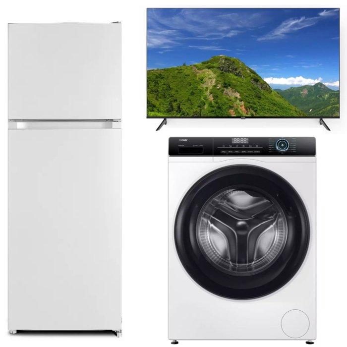 ثلاجة بفريزر علوي 9.4 قدم مكعب + غسالة تحميل أمامي 8 كجم  + تلفزيون ذكي 50 بوصة أندرويد من هاير