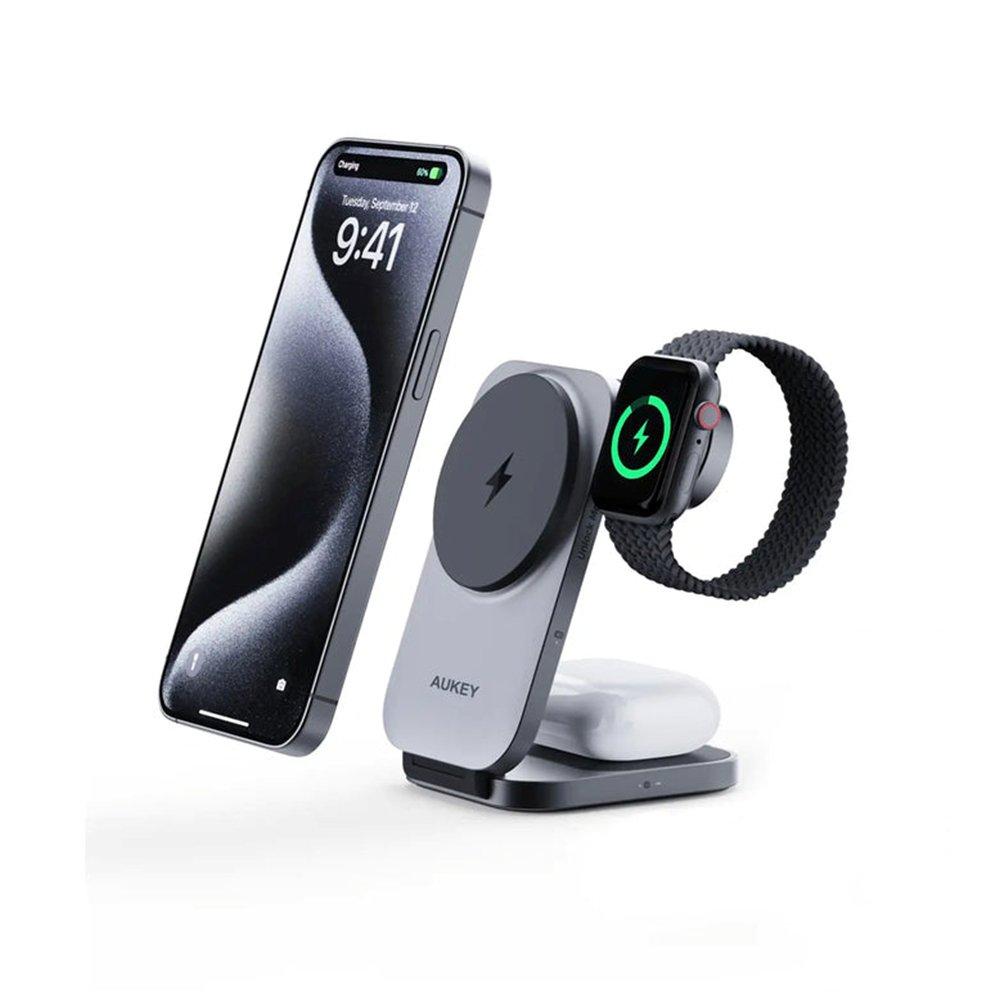 شاحن حائط مغناطيسي 3 في 1 من أوكي، AU-LC-MC312-GY - رمادي