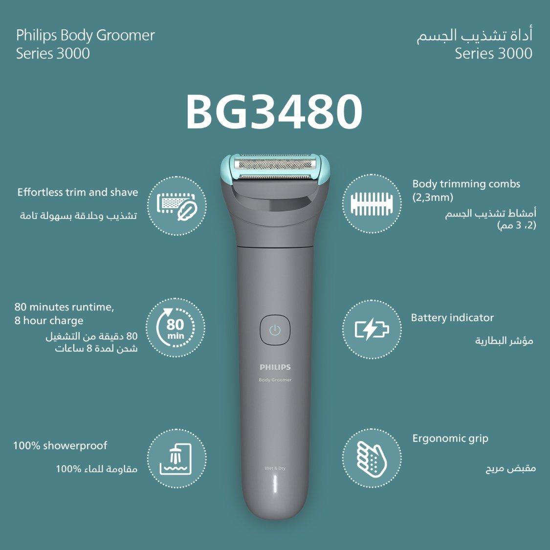 Philips Body Groomer BG3480/15 | Trim & shave body hair | 100% showerproof | Skin-friendly | 2 & 3 mm combs | Up to 80 min cordless | Battery indicator | USB charging