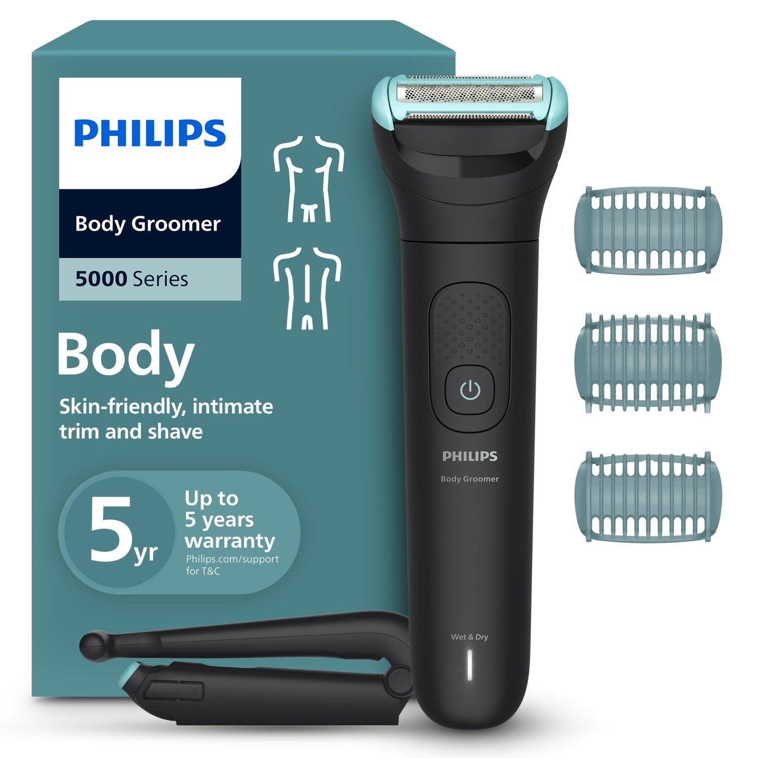 Philips Body Groomer BG5475/15 | Trim & shave body hair | 100% showerproof | Close, skin-friendly results | Foldable back attachment | 2/3/5 mm combs | Up to 100 min cordless | Battery indicator | USB charging