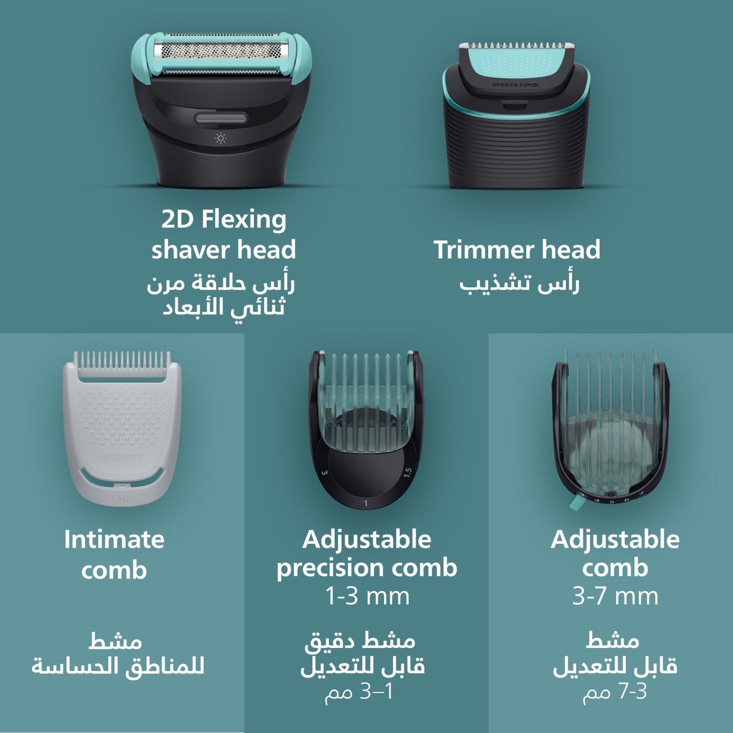 Philips Body Groomer BG7470/15 | Trim & shave body hair | Wet & dry | Flexible head follows body | Smooth, skin-friendly results | Combs 1–3 & 3–7 mm + sensitive area comb | Up to 120 min cordless