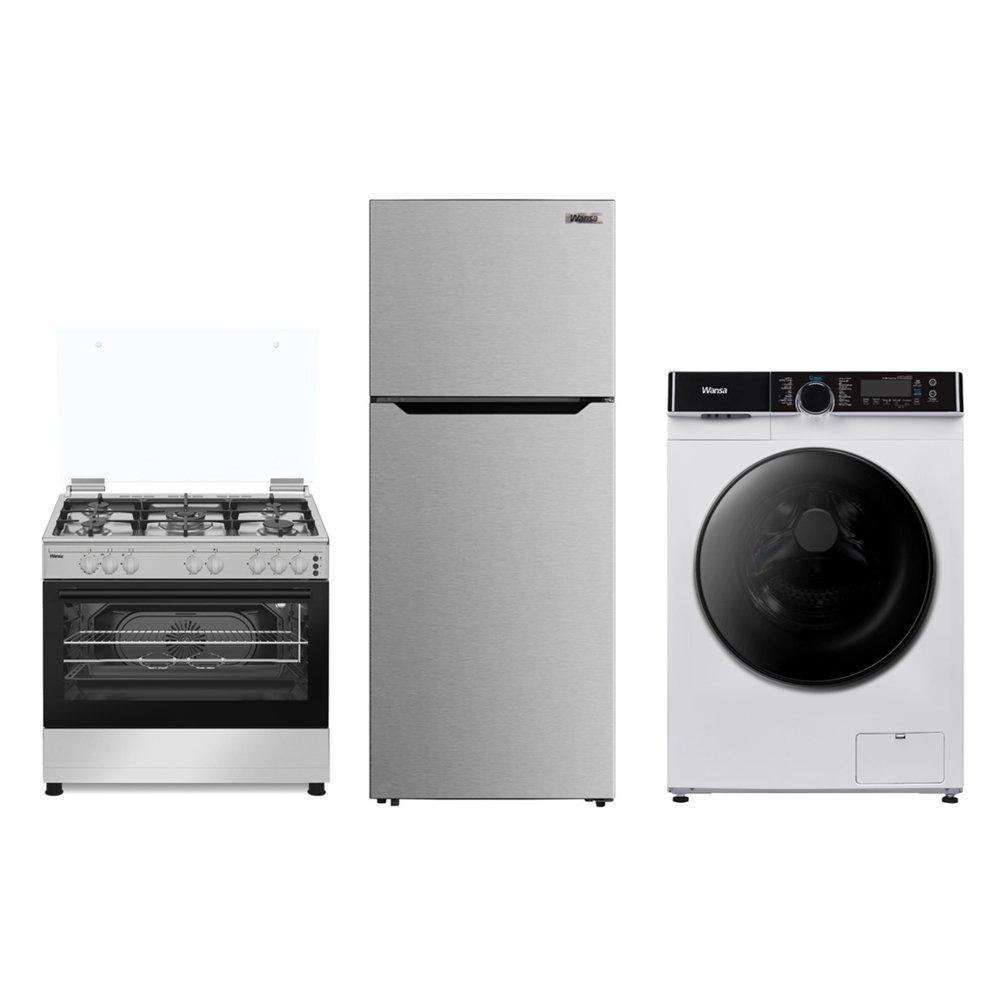 Wansa 90x60cm Gas Cooker + 8kg Front Load Washer + 15CFT Top Freezer Refrigerator