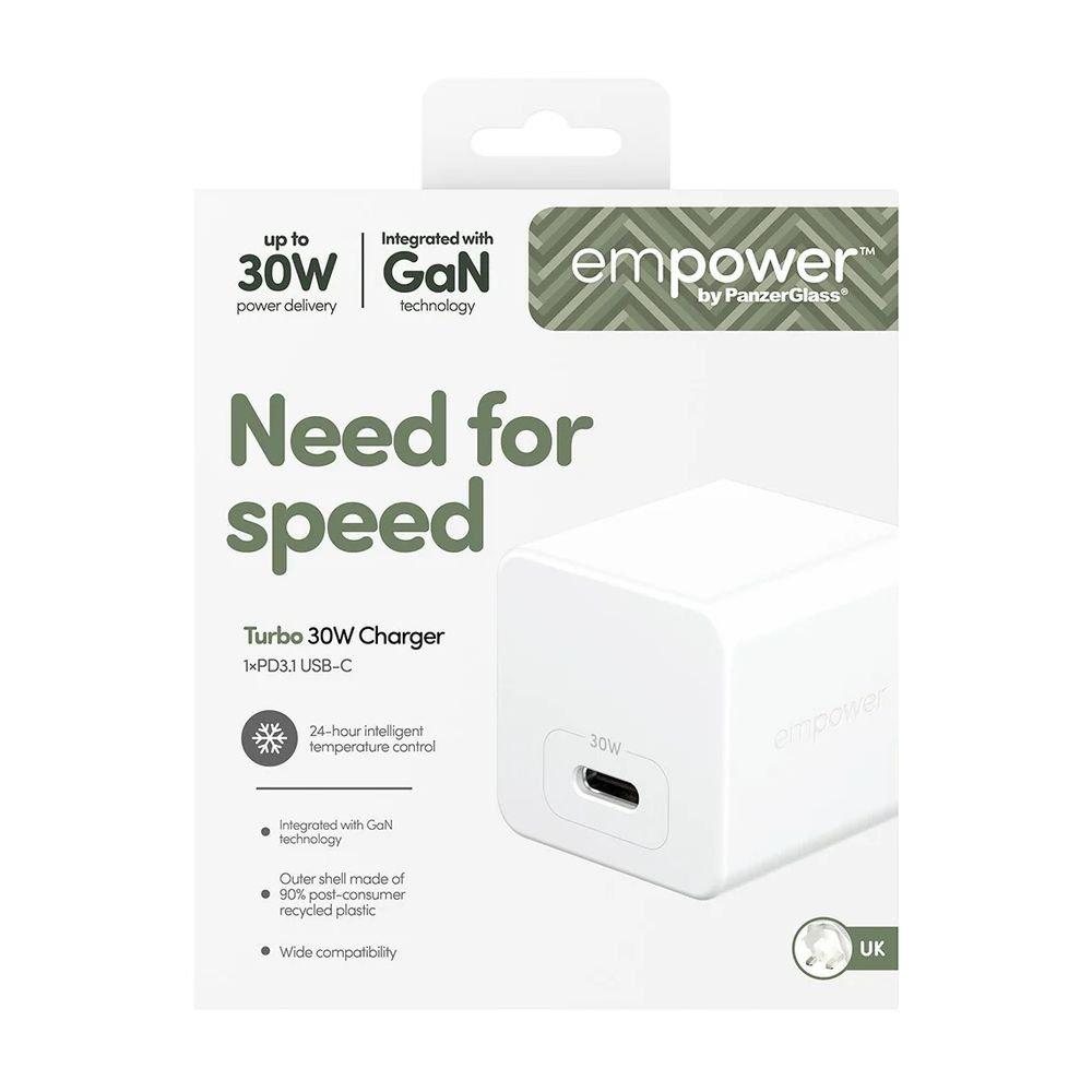 PanzerGlass Empower Tirbo USB-C Wall Charger, 30W, UK Plug, EM30663 - Silver White