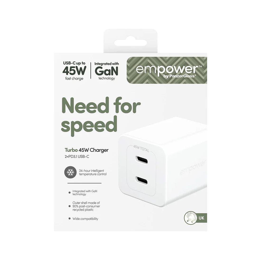 PanzerGlass Empower Tirbo 2 USB-C Wall Charger, 45W, UK Plug, EM96991 - Silver White