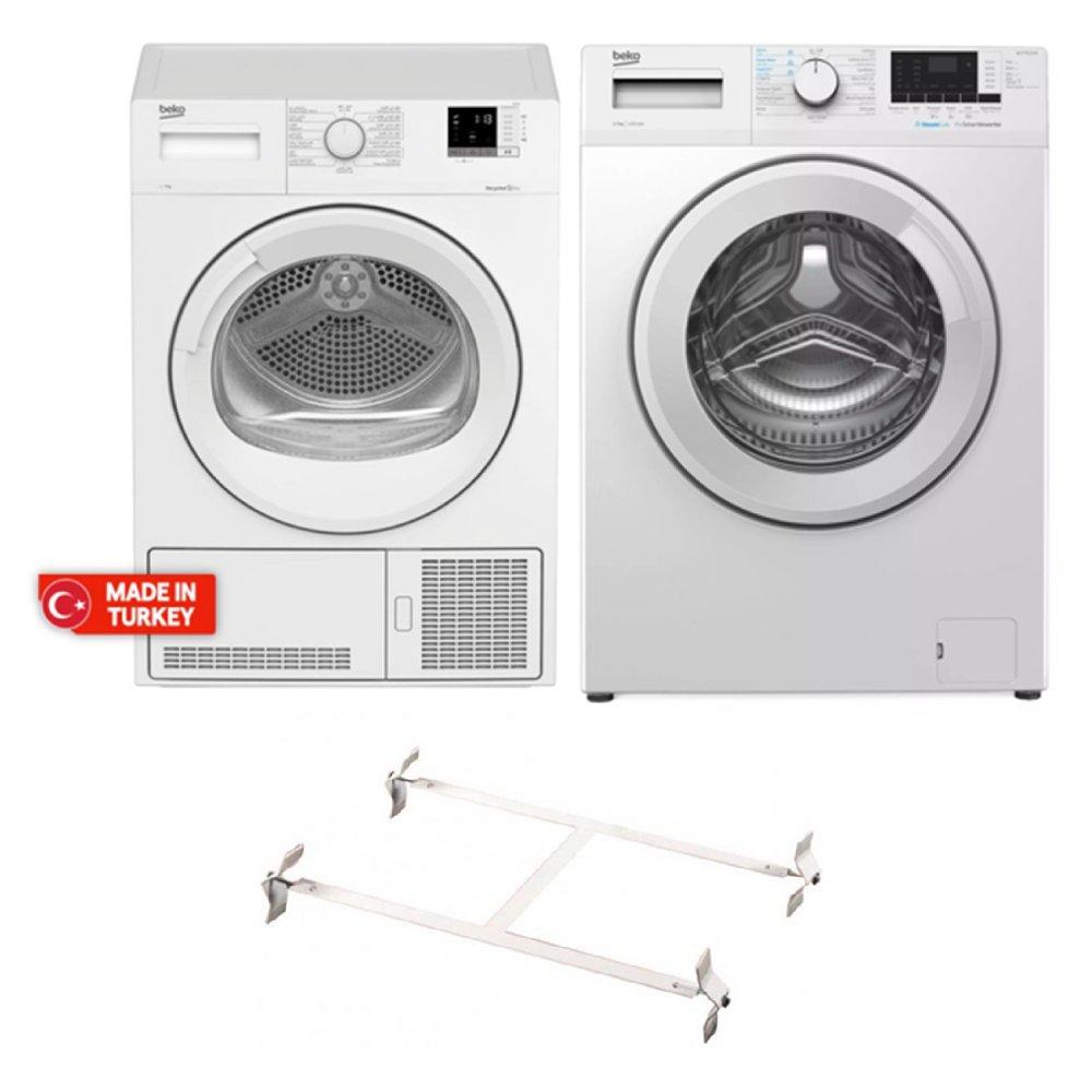 Beko Dryer + Front Load Washer + Wansa Washer and Dryer Stacking Unit, Bundle, WCV7612KW+DC7W