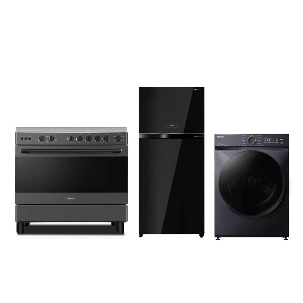 توشيبا طباخ غاز 90×60 سم + ثلاجة بفريزر علوي + غسالة تحميل أمامي 10 كجم