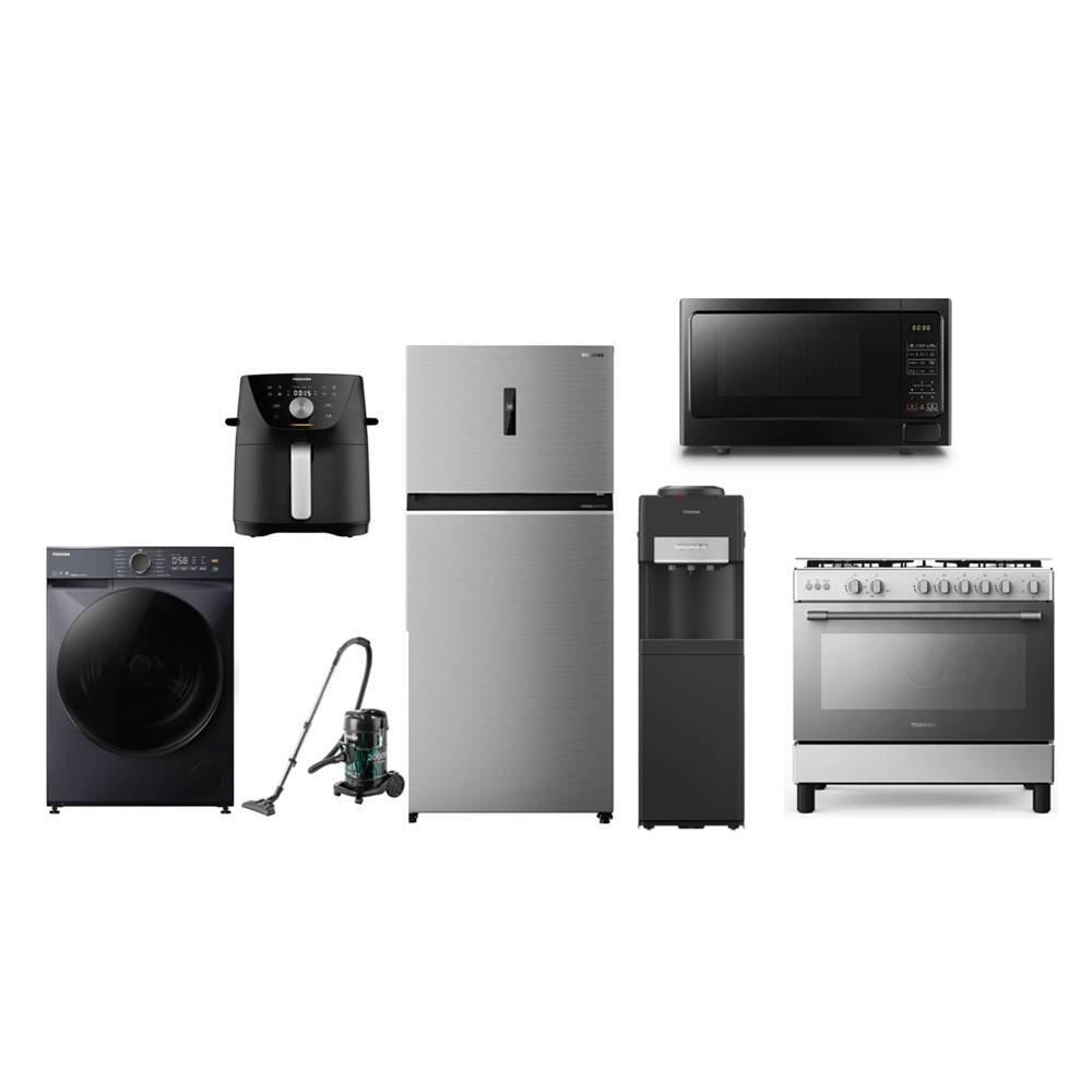 مجموعة أجهزة توشيبا  ثلاجة بفريزرعلوي + غسالة تحميل أمامي 8 كجم + طباخ غاز + موزع مياه + ميكروويف + مكنسة كهربائية + قلاية هوائية