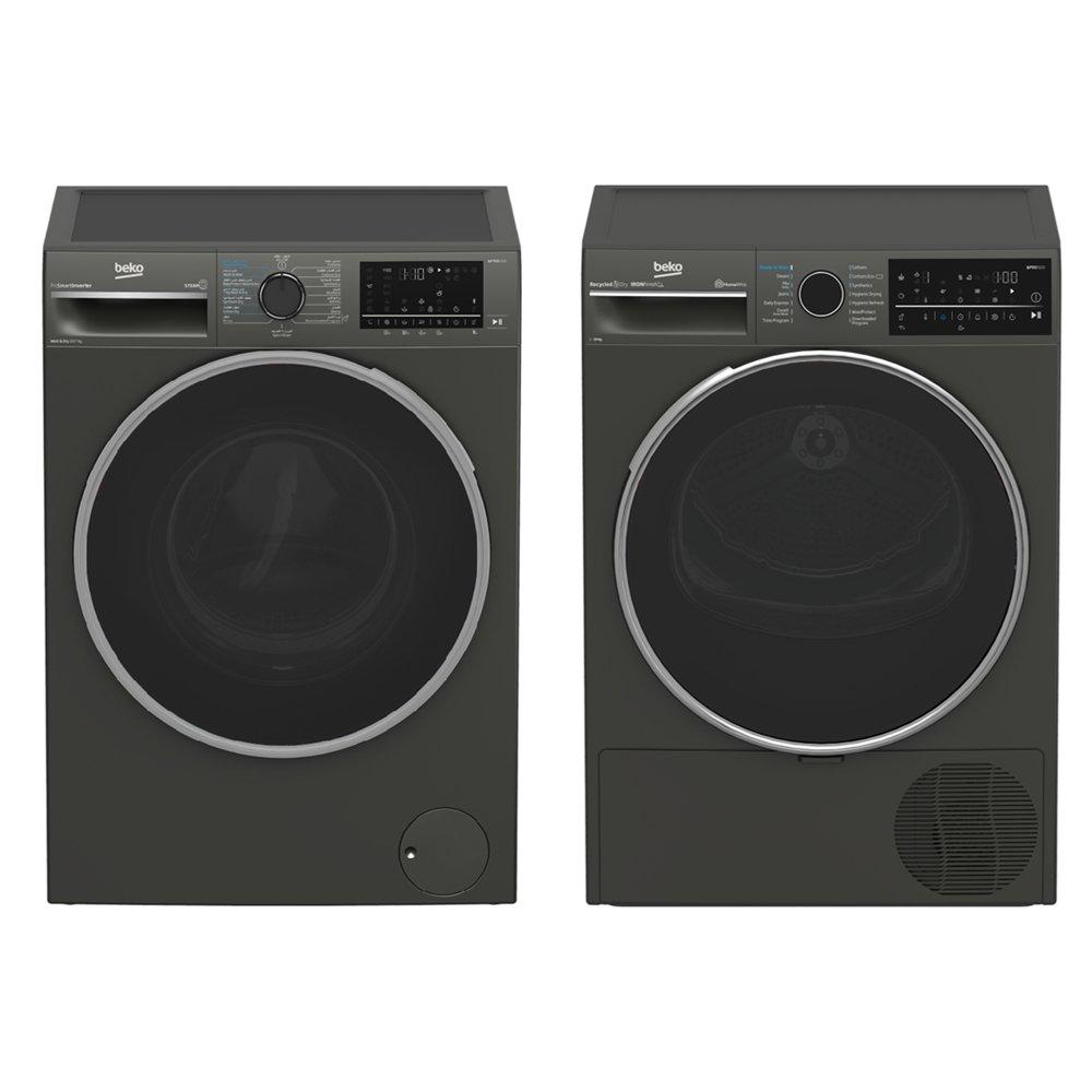 مجموع بيكو من غسالة ملابس تحميل أمامي + مجفف بمضخة حرارية، سعة 10 كجم - رمادي