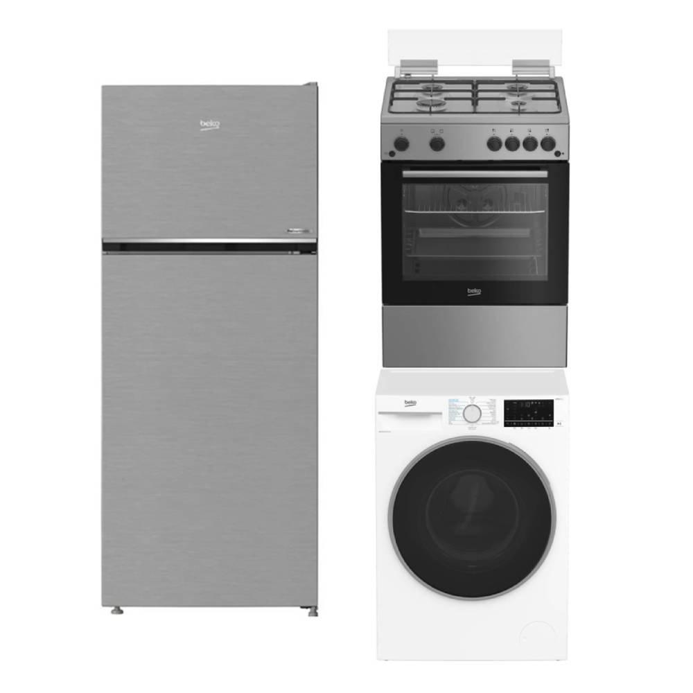 مجموعة بيكو من غسالة ومجفف ملابس ذو التحميل الأمامي + ثلاجة بفريزر علوي + موقد غاز، RDNG49+WD85+FBG621