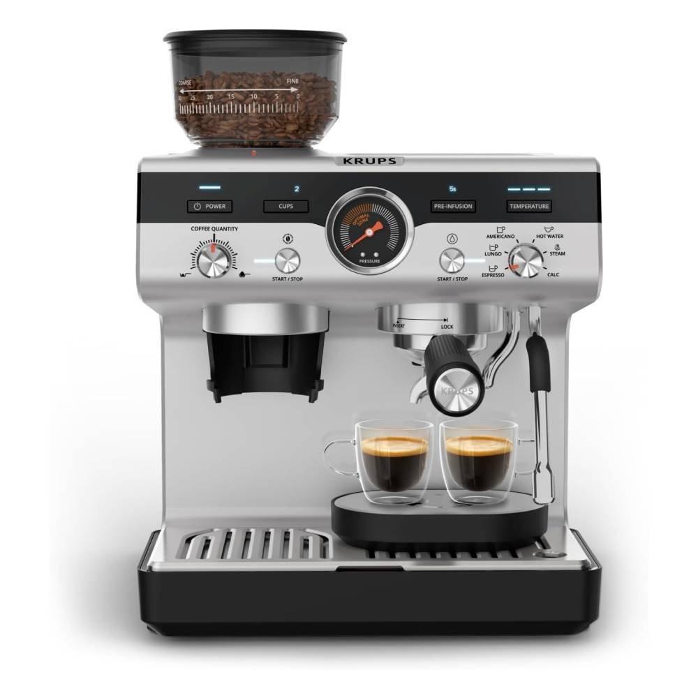 Krups Manual Espresso Coffee Machine with Grinder, 1380 Watt, 3.5L, XP801EM0 - Black & Silver