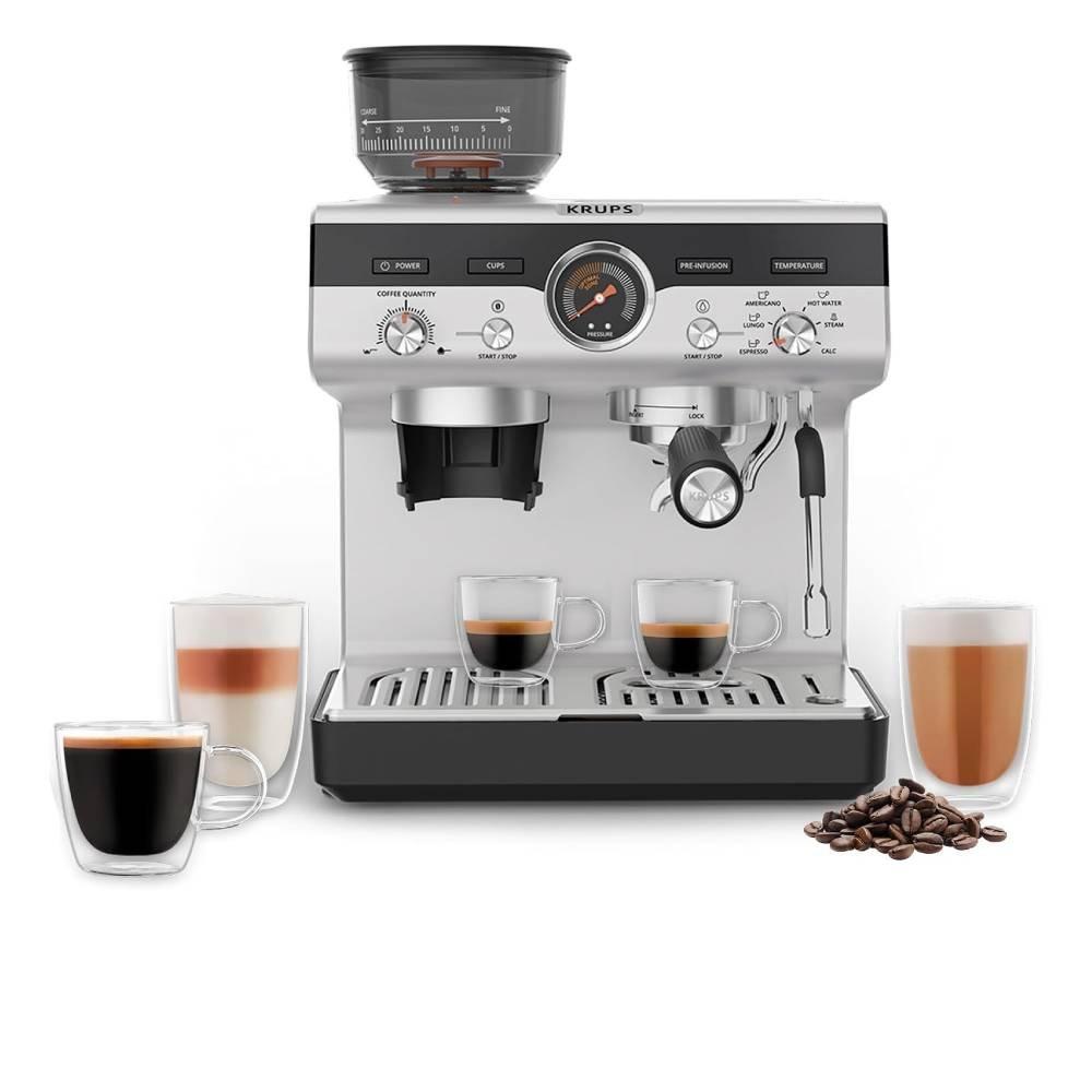 Krups Manual Espresso Coffee Machine with Grinder, 1380 Watt, 3.5L, XP801EM0 - Black & Silver