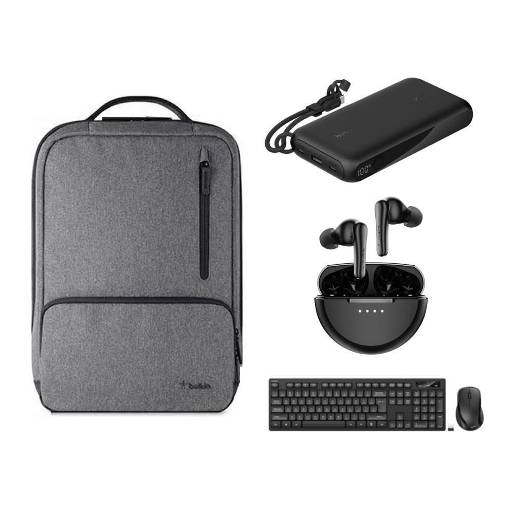 belkin Belkin Classic Pro Backpack For Up To 15 6 Laptop + 20k Power Bank + Wireless Ke 15.6 inch Belkin Classic Pro Backpack For Up To 15.6 Laptop - Grey + 20K Power Bank with USB-C Cable - Black + Wireless Keyboard and Mouse with USB-A Receiver - Black + SoundForm Rhythm Wireless Earphones - Black