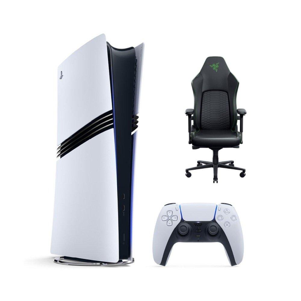 Sony PlayStation 5 Pro Console - White + Razer Iskur V2 Gaming Chair, Adaptive 6D Lumbar Support, 4D Armrests, Memory Foam Head Cushion, Black/Green - PS5PRO+CHAIRSET