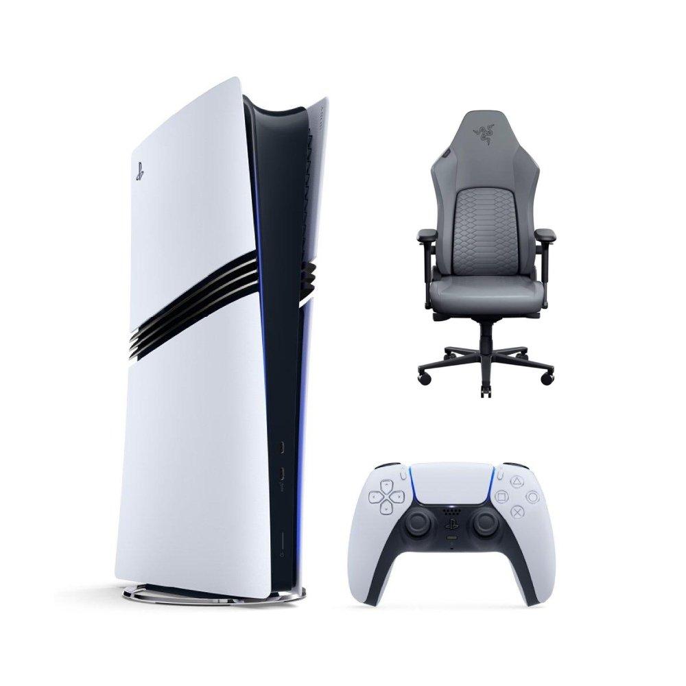 Sony PlayStation 5 Pro Console, White + Razer Iskur V2 Gaming Chair, Adaptive 6D Lumbar Support, 4D Armrests, Memory Foam Head Cushion, Light Grey - PS5PRO+CHAIRSET