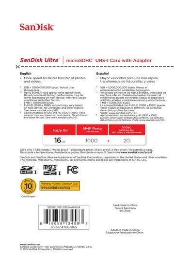SanDisk Ultra Android UHS-I 16GB MicroSD 80Mb/s Class 10 Card with Adapter