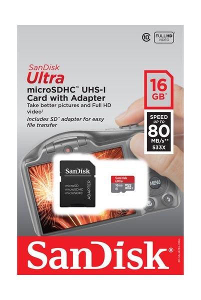 SanDisk Ultra Android UHS-I 16GB MicroSD 80Mb/s Class 10 Card with Adapter