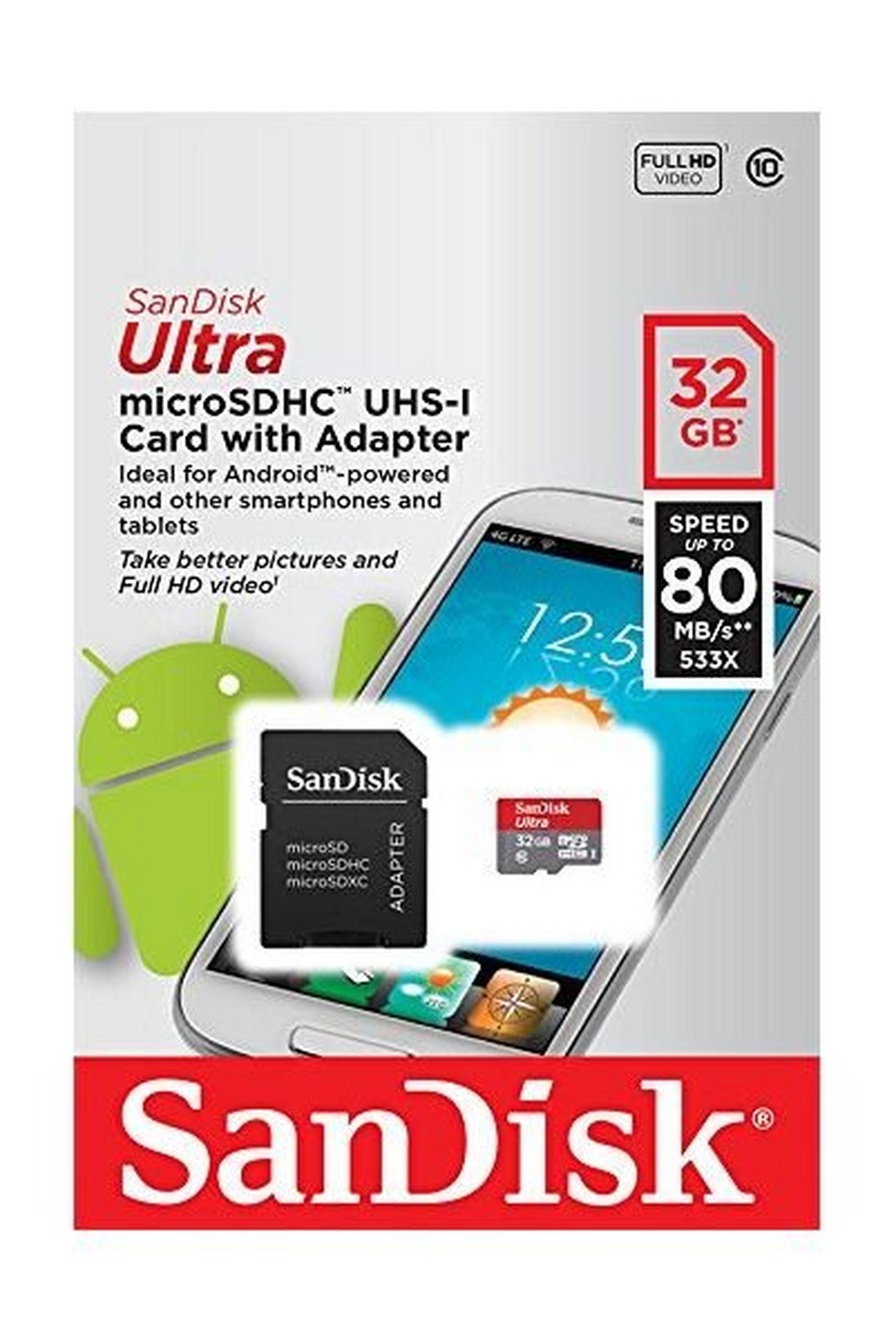 SanDisk Ultra Android UHS-I 32GB MicroSD 80Mb/s Class 10 Card with Adapter