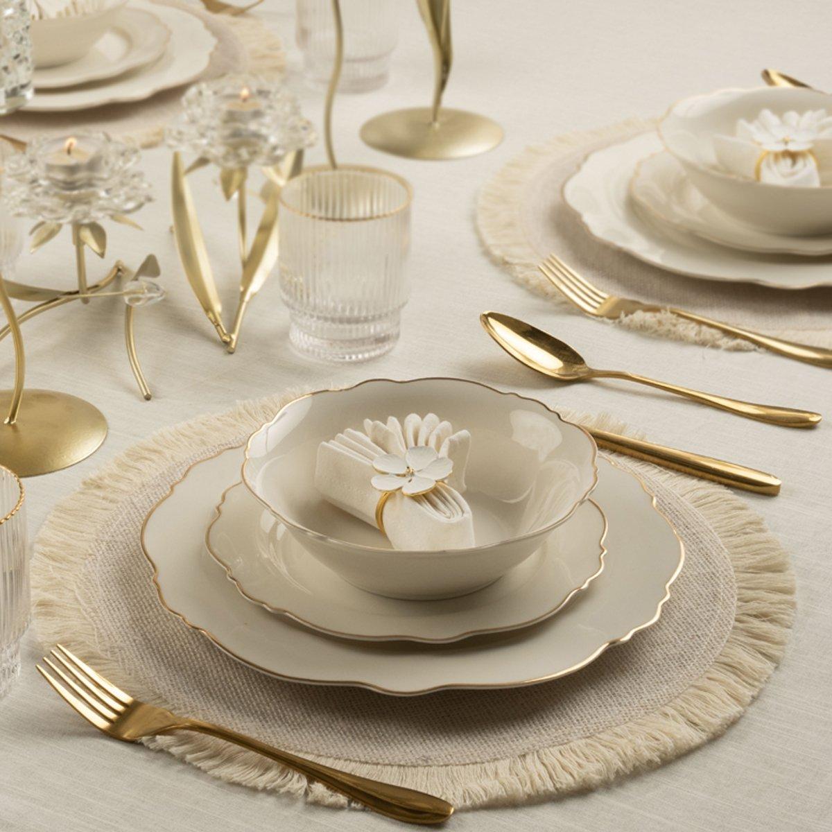 طقم عشاء على شكل ياسمين 30 قطعة أبيض/ذهبي