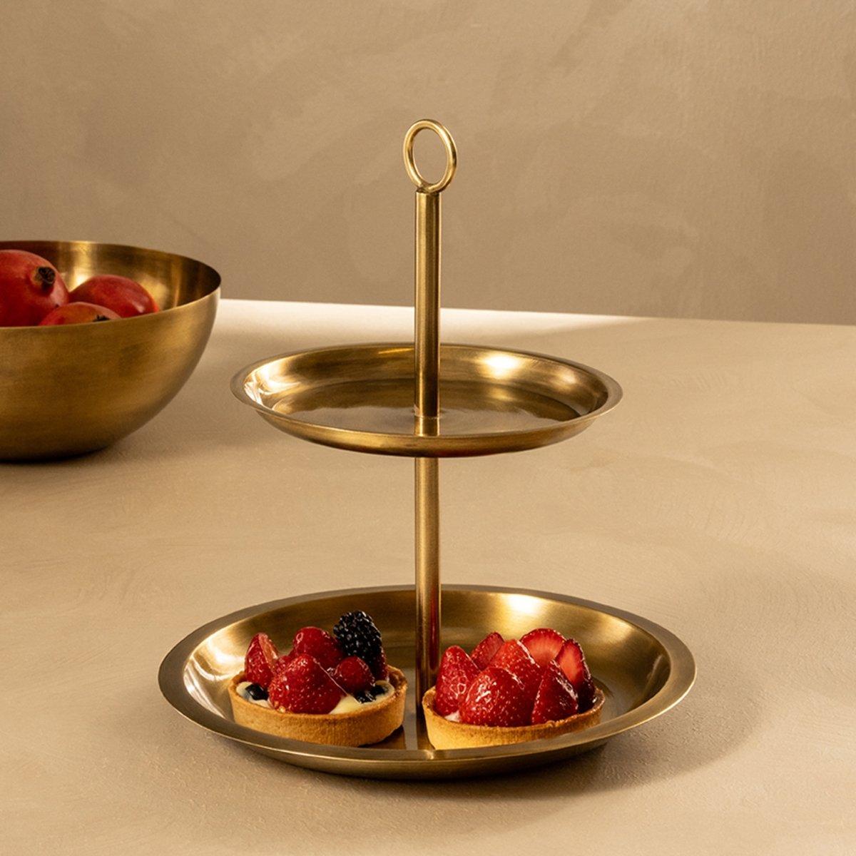 Buy Angen 2-tier platter steel gold 25x25x30 cm in Kuwait