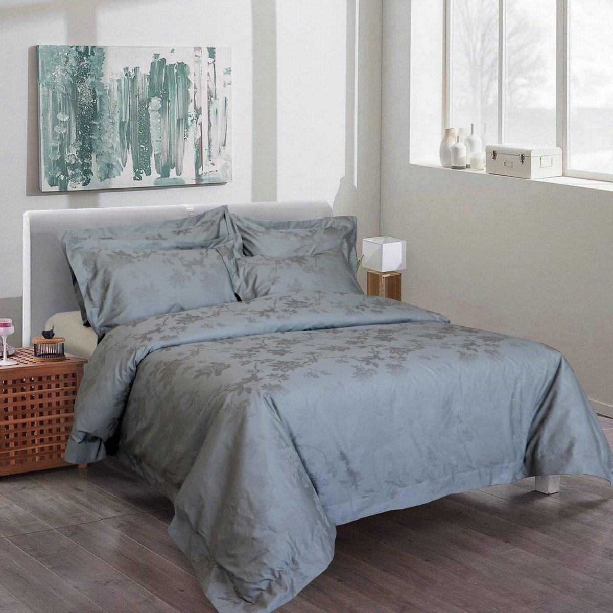 Hibiscus 5 Pcs Satin Jacquard Duvet Cover Set Grey 220X240 cm