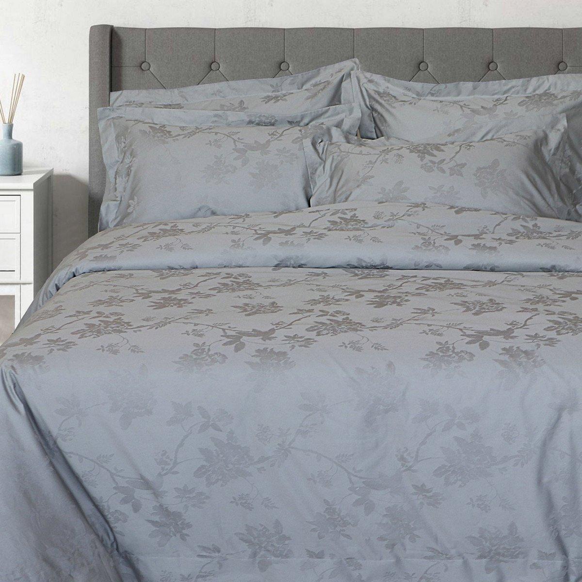 Hibiscus 5 Pcs Satin Jacquard Duvet Cover Set Grey 220X240 cm