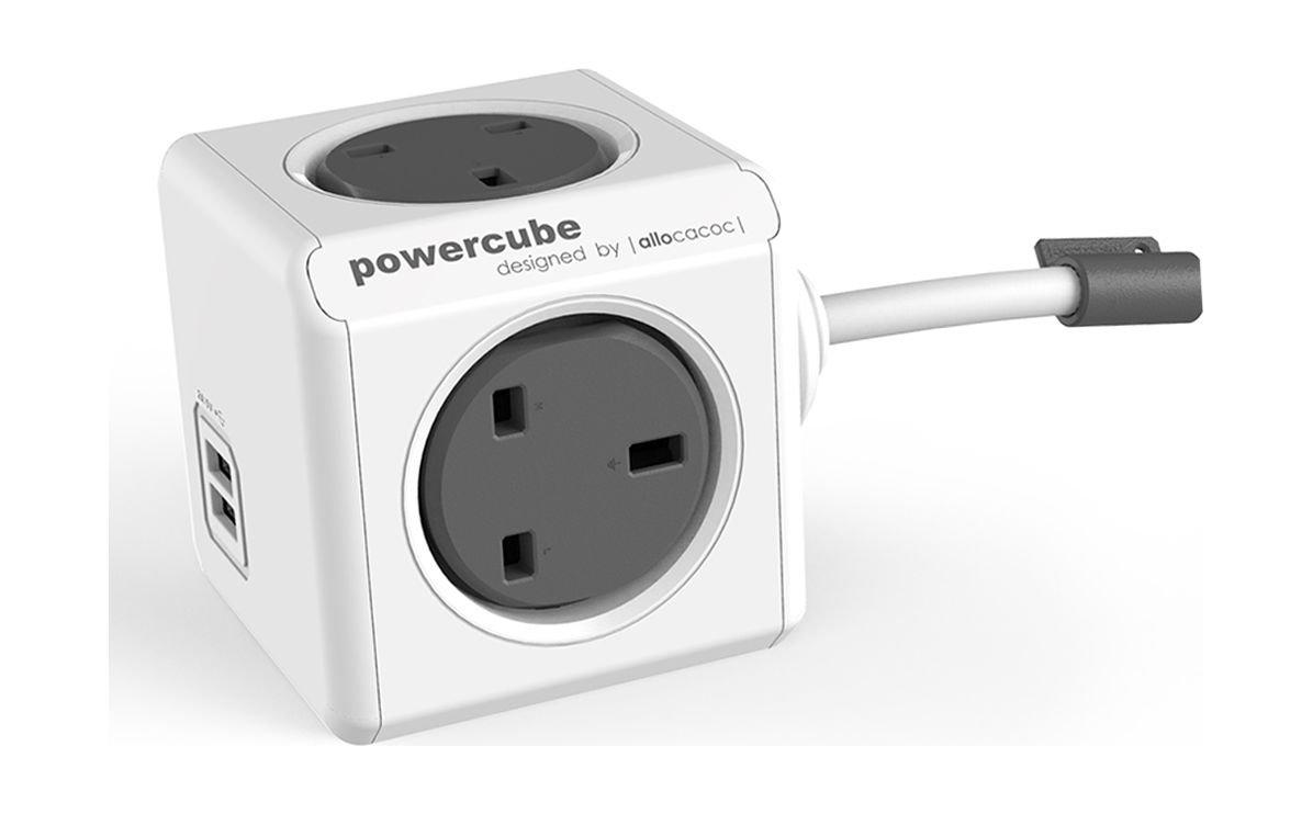 Allocacoc PowerCube Dual USB Port with 1.5 Meters Extended Cord (7400) - Grey