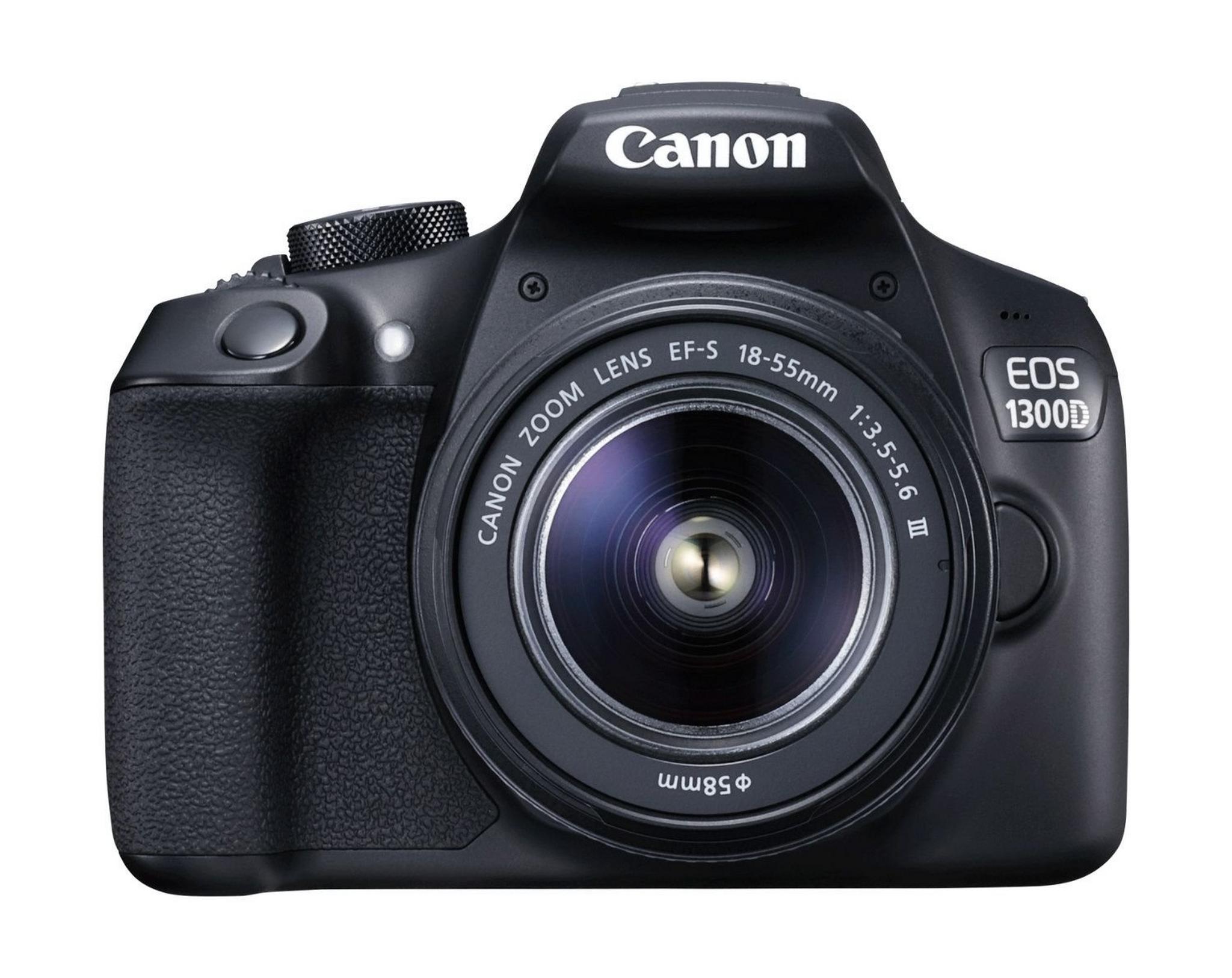 كاميرا كانون الرقمية إس إل آر بدقة ١٨ ميجا بكسل مع عدسة تقريب ١٨-٥٥ ملم – واي فاي – أسود (EOS 1300D)