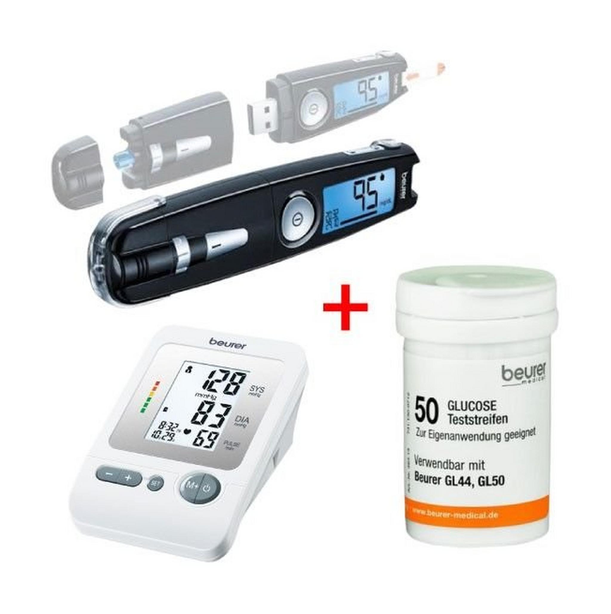 Beurer GL 50 Glucose Monitor with USB Input + Glucose Monitor Test Strips (50 Pieces) + BM26 Blood Pressure Monitor