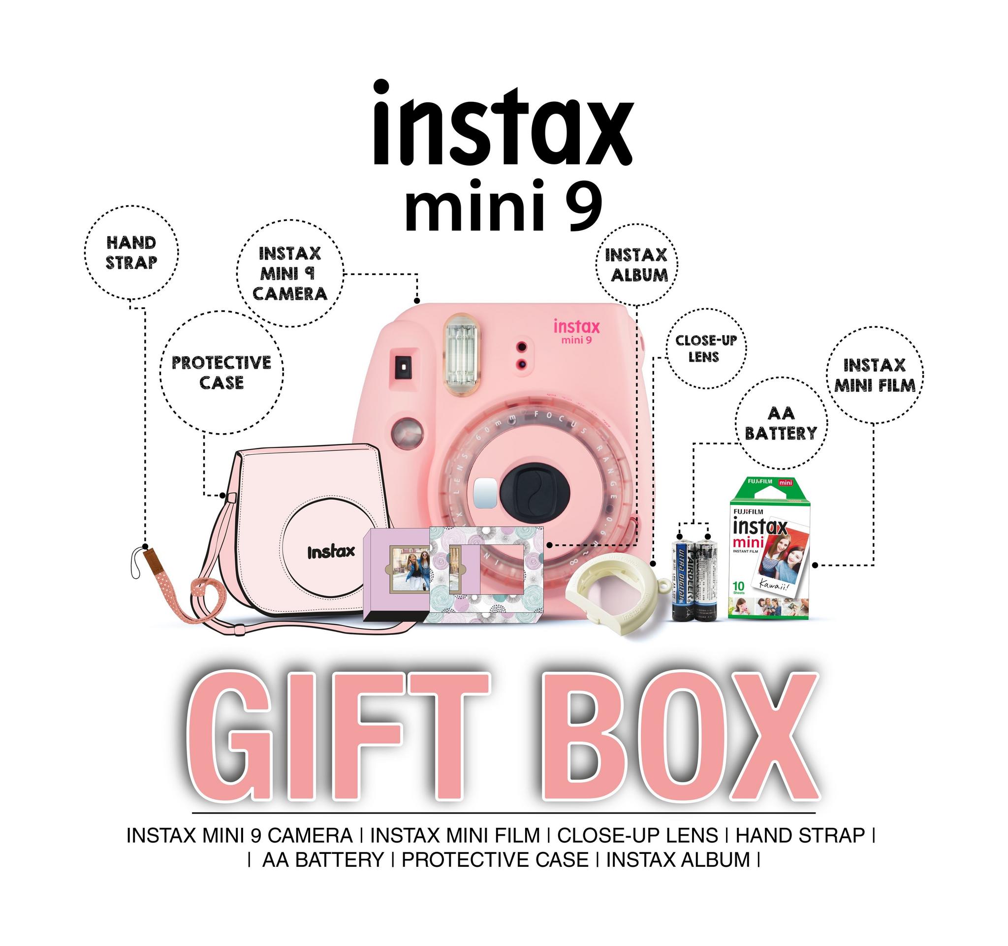 Fujifilm Instax Mini 9 Camera + Case + Album + Film + Accessory - Flamingo Pink