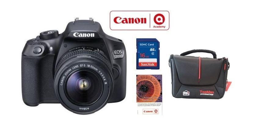 Canon EOS 1300D 18MP WiFi DSLR Camera With 18-55mm Zoom Lens + Photography Training Voucher + 16 GB SD Memory Card + Bag