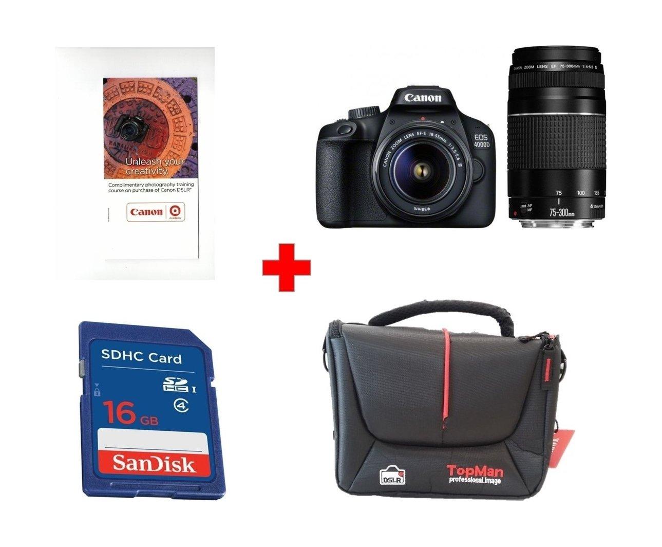 CANON Reflex camera EOS 4000D + 18-55mm + 75-300mm (3011C010AA) + Canon Photography Training Voucher + Sandisk 16GB SHDC SD Memory Card + Topman Camera Bag - Black