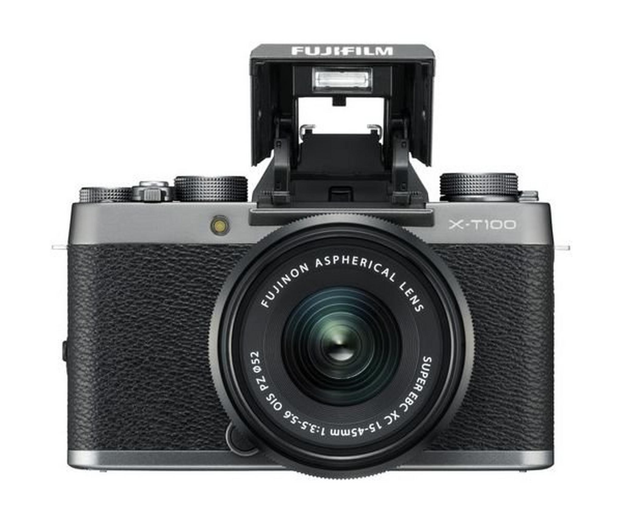 كاميرا فوجي فيلم الرقمية إكس - تي١٠٠ بدون مرآة مع عدسة تقريب إكس سي ١٥ - ٤٥ ملم - فضي
